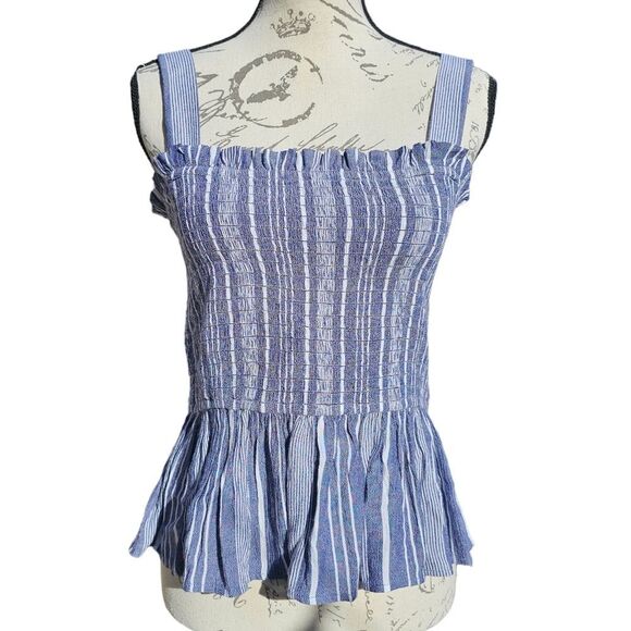 LOFT -241 NWT Blue White Striped Smocked Peplum Tank Top Blouse Women's Medium - Picture 2 of 9